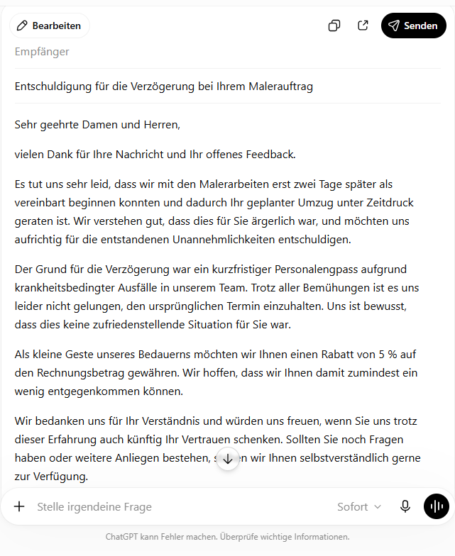 Echter Screenshot des ChatGPT E-Mail-Composer-Widgets mit der generierten Entschuldigungs-E-Mail