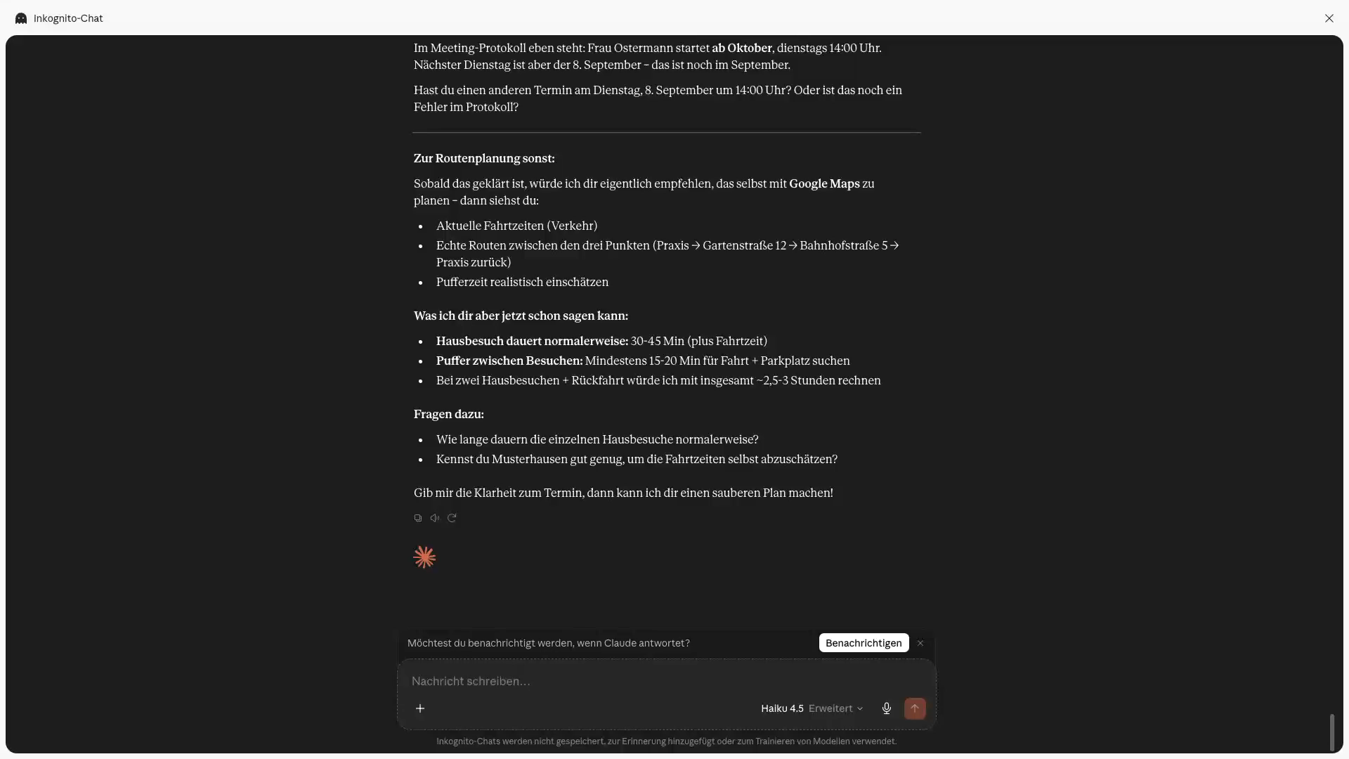 Claude Haiku 4.5 erkennt den Terminwiderspruch und fragt nach, statt einfach einen Zeitplan zu erstellen.