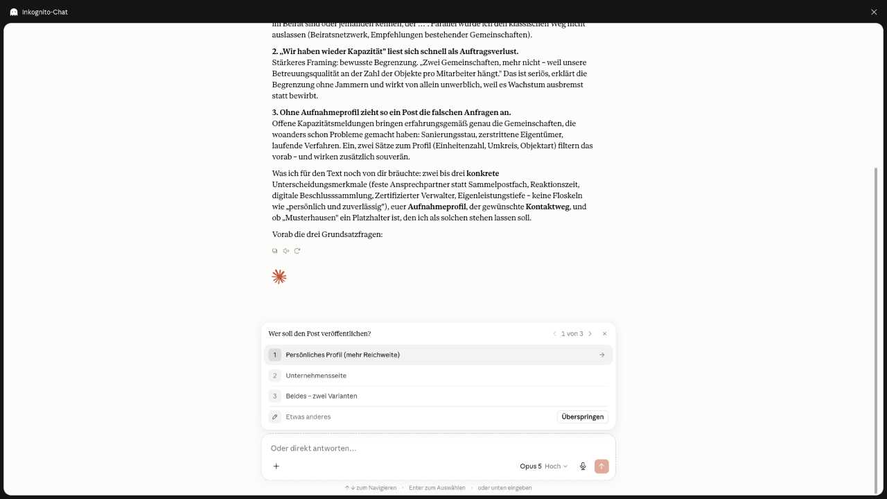 Claude Opus 5 zeigt statt einer Antwort ein Auswahlmenü mit drei Optionen zur Frage, wer den Post veröffentlichen soll.